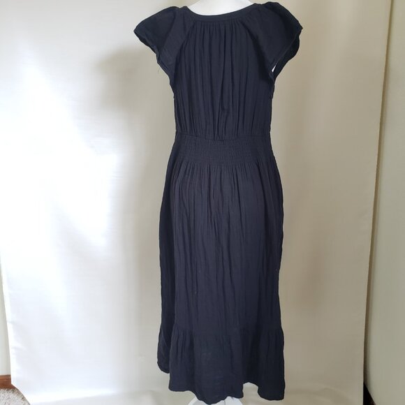 Old Navy Babydoll Long Dress L Solid Black Midi Plunge Neckline Pockets Pullover - Picture 6 of 6